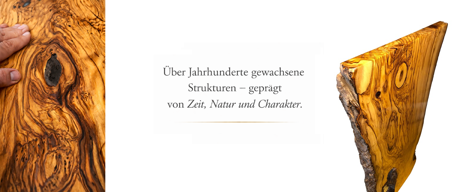 Detailaufnahme einer jahrhundertealten Olivenholz Maserung mit natürlicher Struktur und charakteristischen Wuchsformen
